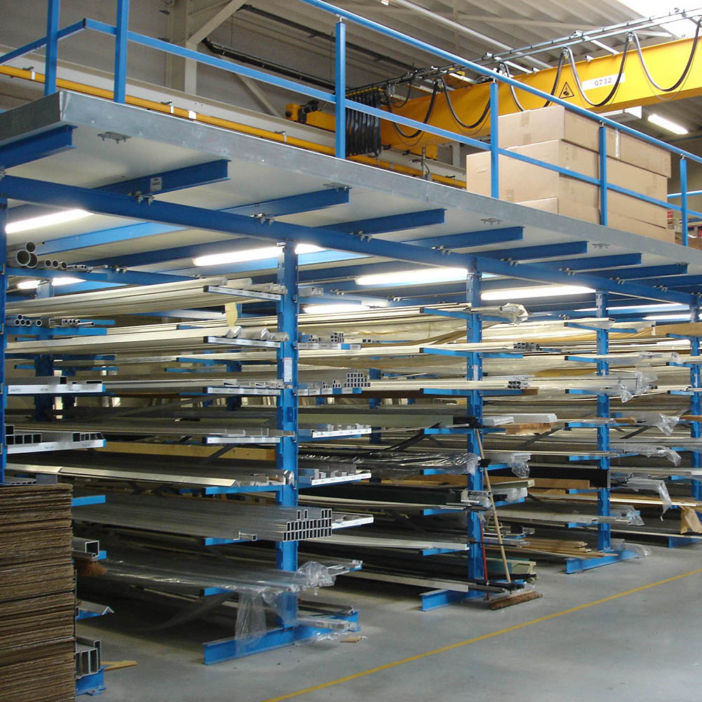 mezzanine floor with cantilever racking system for the storage of aluminium